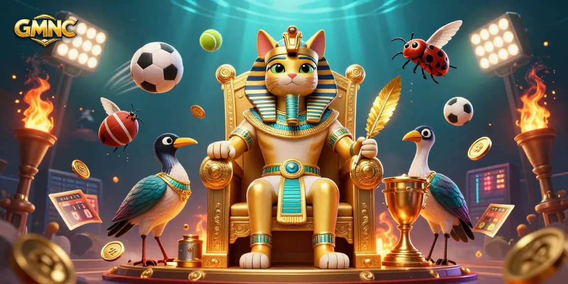 Bet on GMNC with stylish Egyptian-themed online casino illustration featuring a pharaoh cat and sports elements.