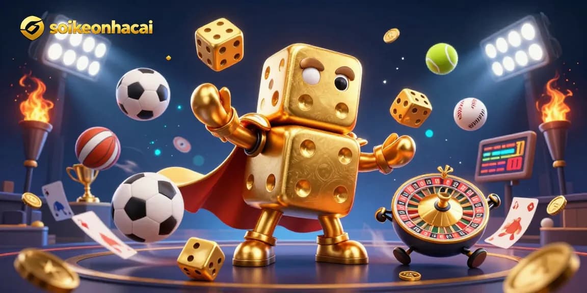 Engaging soikeonhacai scene with dynamic sports elements and a golden dice golem promoting strategic betting.