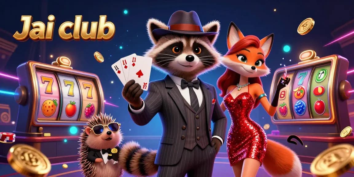 Experience the thrill at Jai club with a raccoon holding a royal flush and vibrant gambling elements.