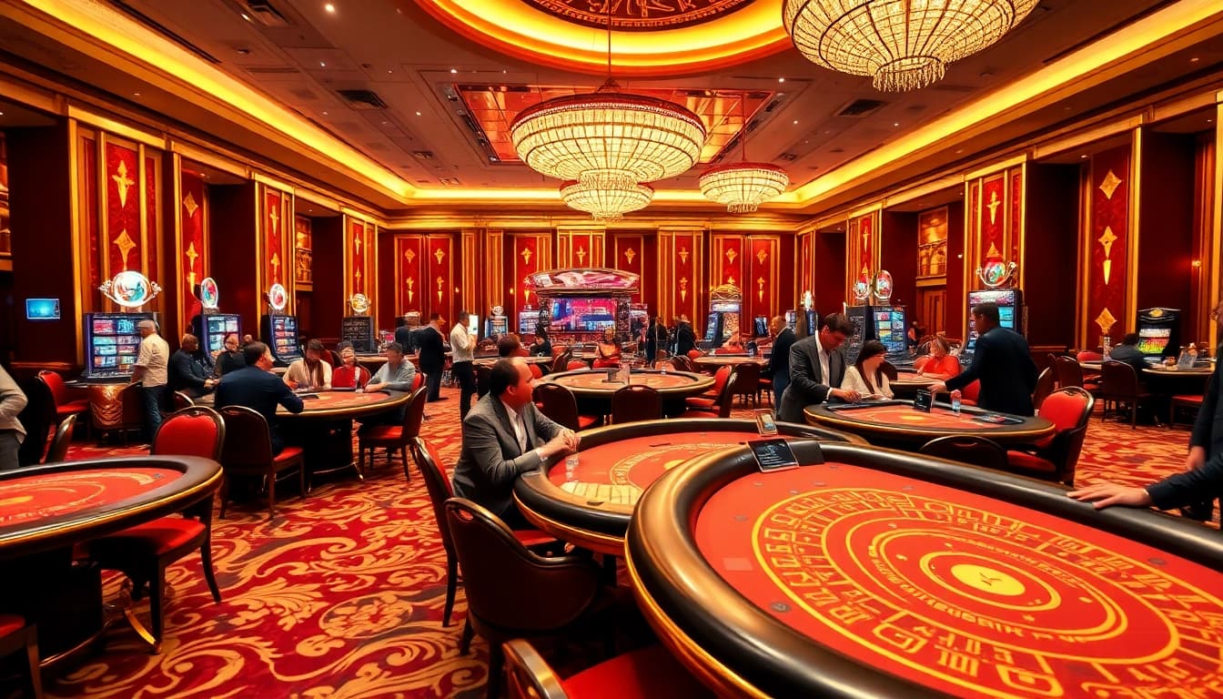 Menggambarkan suasana casino bbni4d yang mewah dengan pemain penuh semangat.