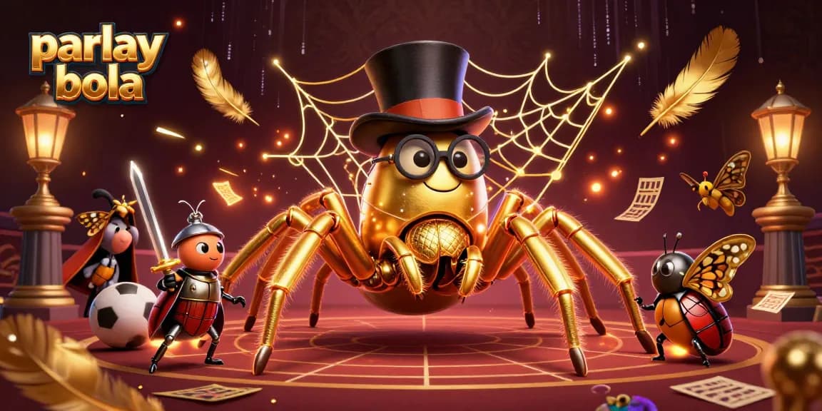 Experience parlay bola action with a golden tarantula and beetle knight in a vibrant casino scene.