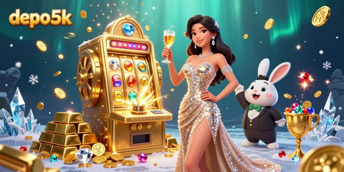 Celebrate with depo 5k, featuring a stunning woman toasting next to a jackpot slot machine.