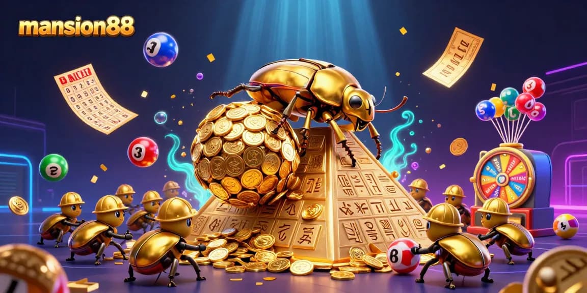 Experience the excitement of mansion88 with a vibrant 3D casino illustration showcasing dynamic gaming elements.