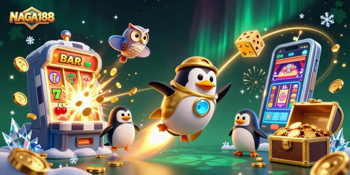 NAGA188 menampilkan ilustrasi kasino menarik dengan penguin emas dan efek jackpot yang spektakuler
