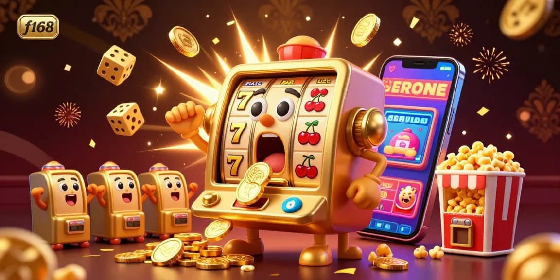 Experience jackpot thrills at f168 with lively slot machines pouring coins and vibrant game elements.