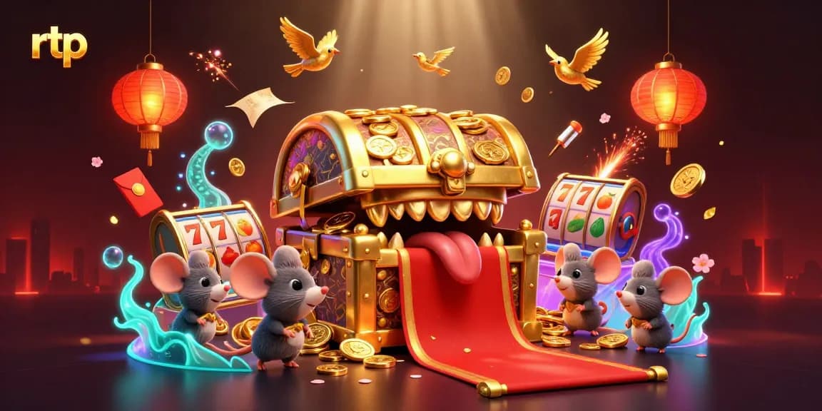 Experience thrilling RTP dynamics with vibrant slot reels, golden treasure chest elements, and entertaining mouse characters.