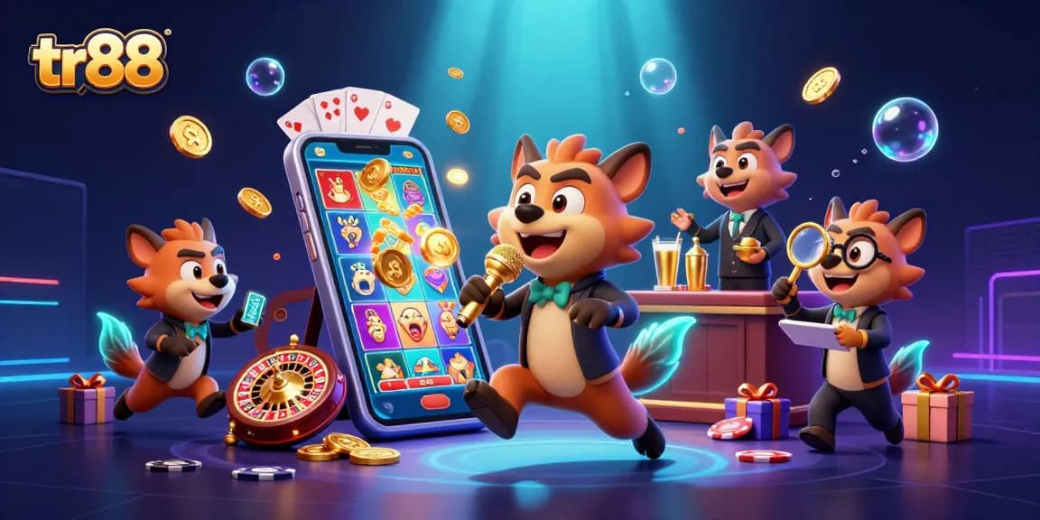 Tr88-themed hyena comedians animate a lively casino scene with games and excitement.