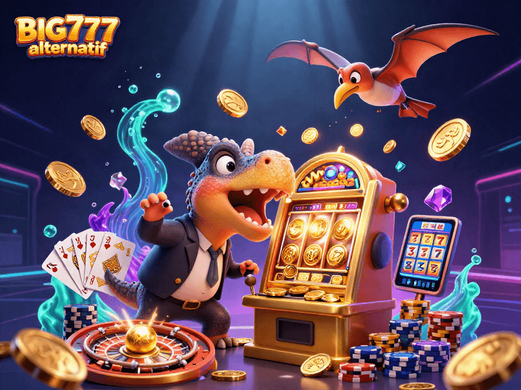 Activate BIG777 alternatif by hitting a golden slot machine for jackpots amidst cascading coins.
