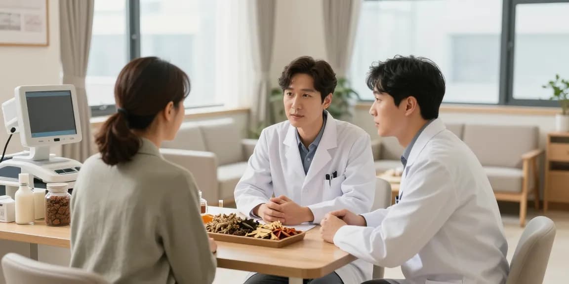 Consultation at a 수원한의원 with a healthcare provider and patient in a warm, inviting clinic atmosphere.