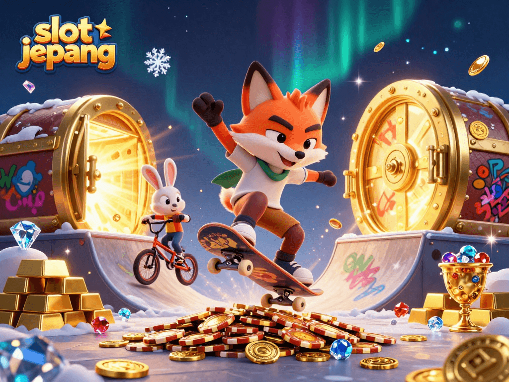 Experience thrilling slot jepang action with vibrant cartoon characters amidst piles of coins and gems!