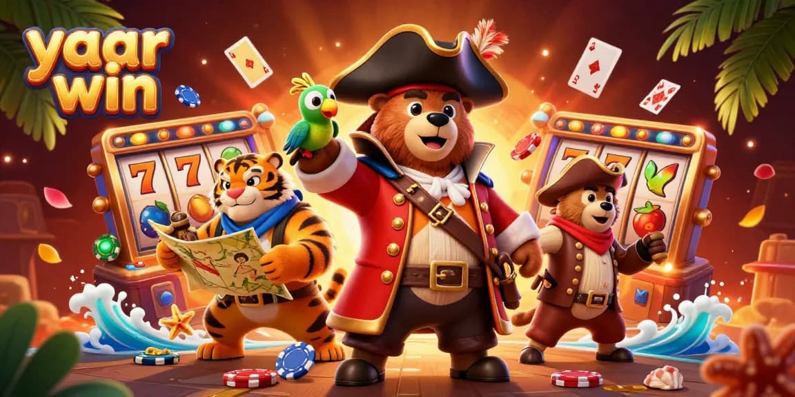 Win with yaar win while playing alongside a bear captain and tiger in a vibrant casino scene.