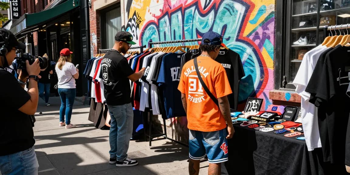 Stylish shopper exploring trendy 레플리카 fashion at urban pop-up.