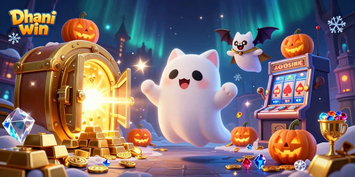 Dhani win gamers floating through a vibrant casino mansion filled with gold and jewels, experiencing thrilling gameplay.