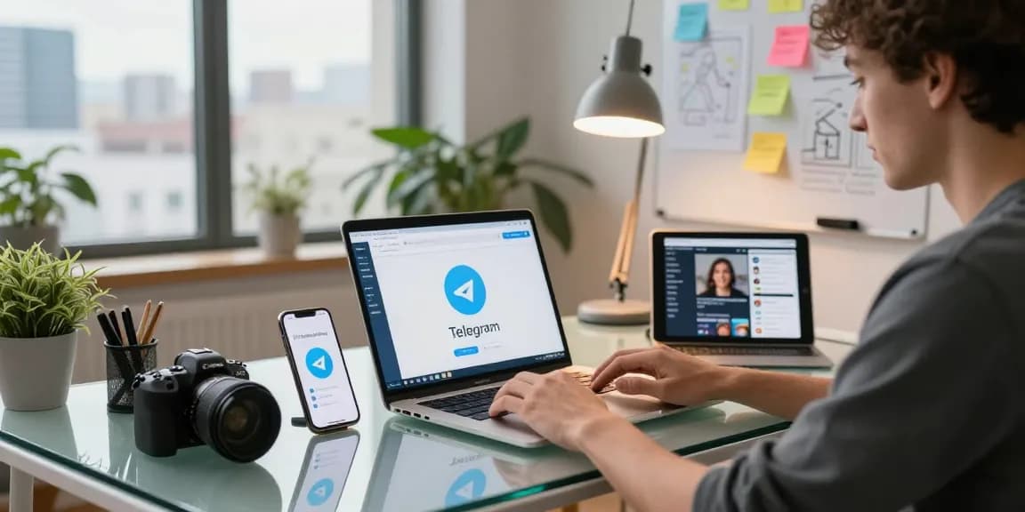 Modern workspace with individuals using telegram官网 features on multiple devices, showcasing productivity and communication