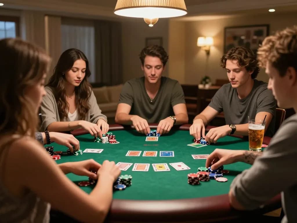 Players enjoying an engaging poker game at home, highlighting strategic moments and social interaction for 79KING.