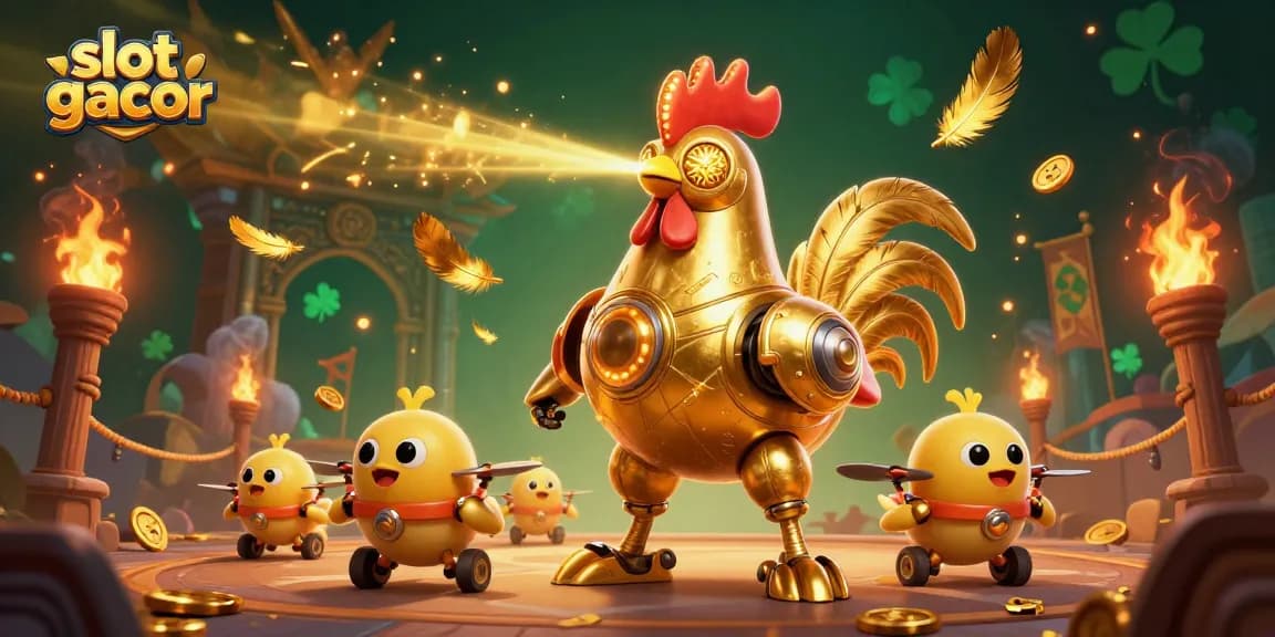 Slot gacor dengan robot ayam emas futuristik dan drone anak-anak, mengundang keberuntungan.