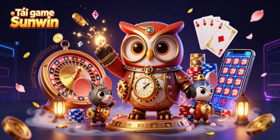 Tải game Sunwin with vibrant 3D casino illustration featuring a time-traveling owl and rich gaming elements.
