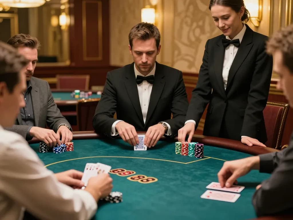 Players enjoy intense poker gameplay at BJ88's luxurious tables, highlighting strategy and excitement.