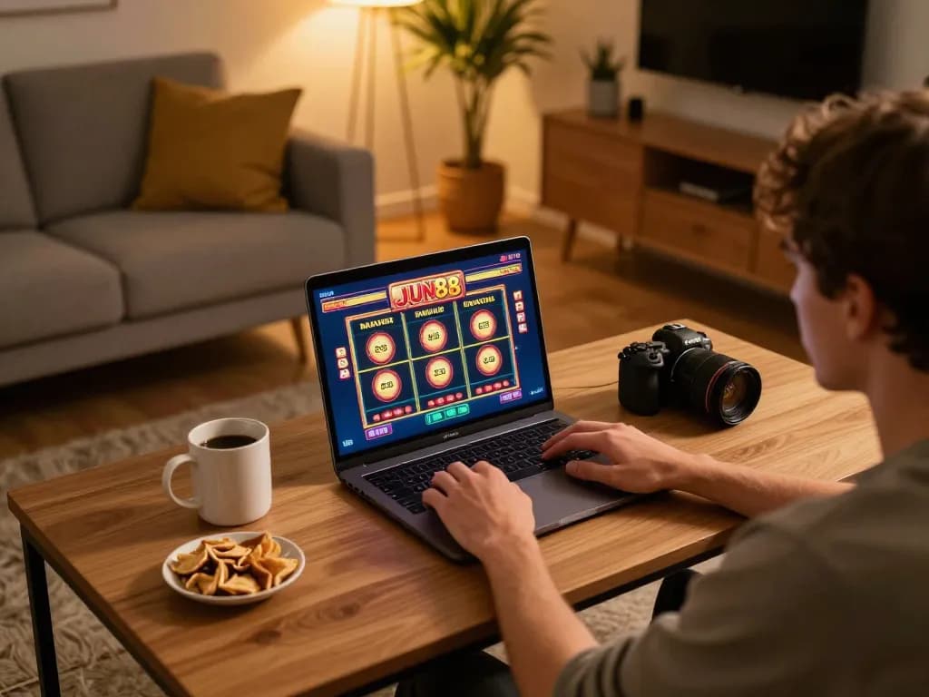 Player engaging with Jun88 online slots at home, enjoying a cozy gaming atmosphere.