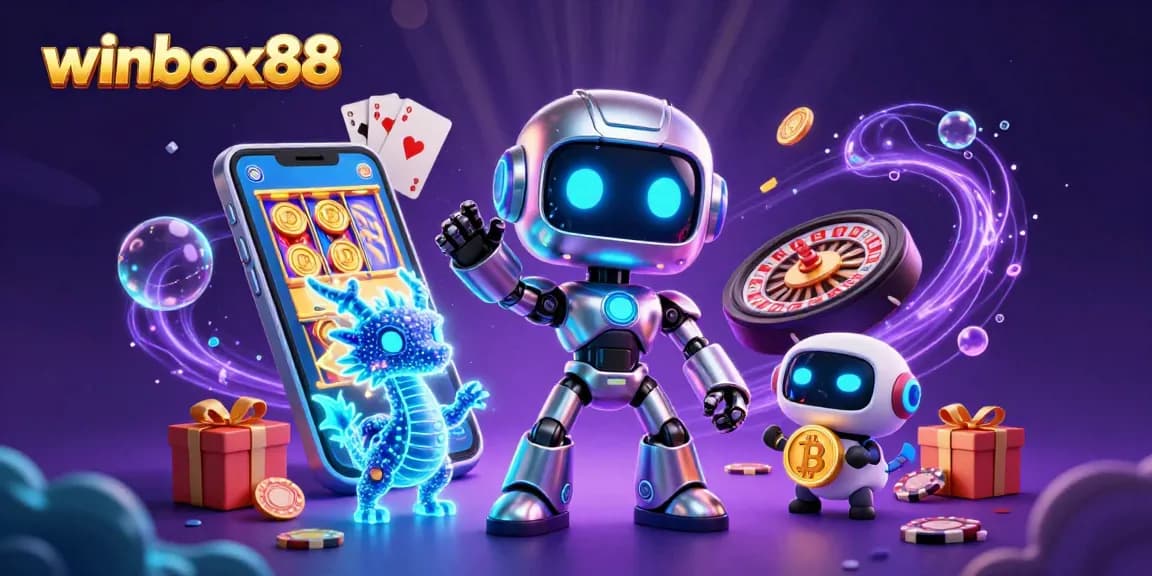 Winbox88 illustrates exciting gameplay with a cyberpunk robot mascot and bitcoin drone amidst dynamic casino elements.