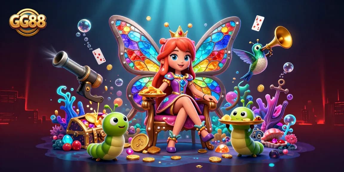 Engage with GG88's vibrant online casino world, featuring a whimsical butterfly queen and casino elements.