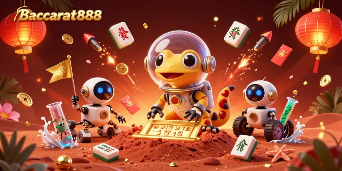 Baccarat888 unveils a vibrant Martian casino adventure with an alien gecko and festive decorations.