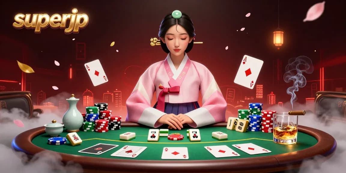 Check out superjp's exciting online poker world with vibrant game elements surrounding a serene Asian woman.