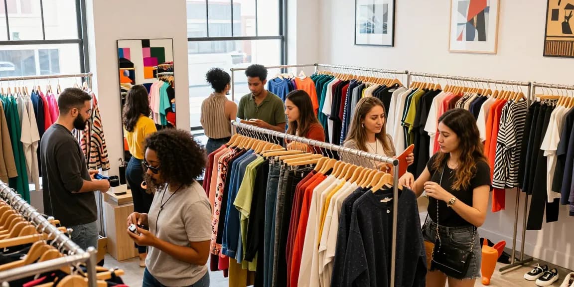 Shoppers engaging with stylish clothing at shs-dome5.com e-commerce boutique, capturing vibrant retail experience