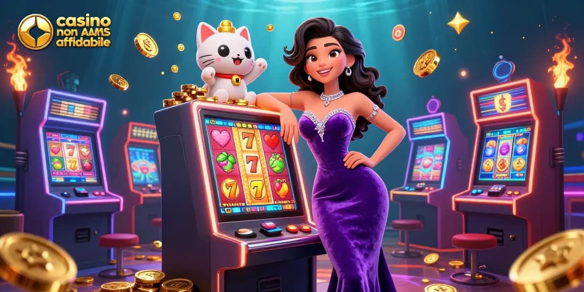 Vivi l'emozione dei casino non AAMS affidabile con una scena glamour che mette in mostra slot jackpot e vincite.