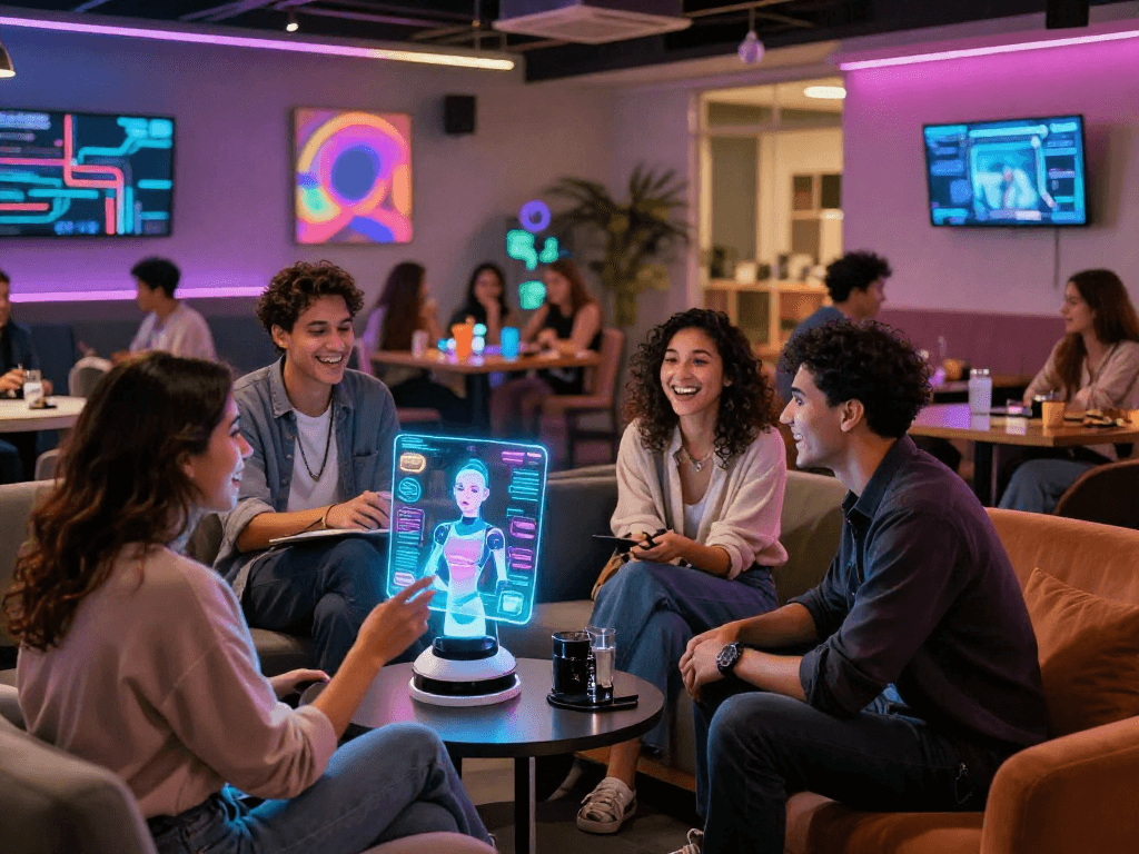 Interactive scene showcasing a sex bot in a vibrant digital lounge with friends engaged in conversation.