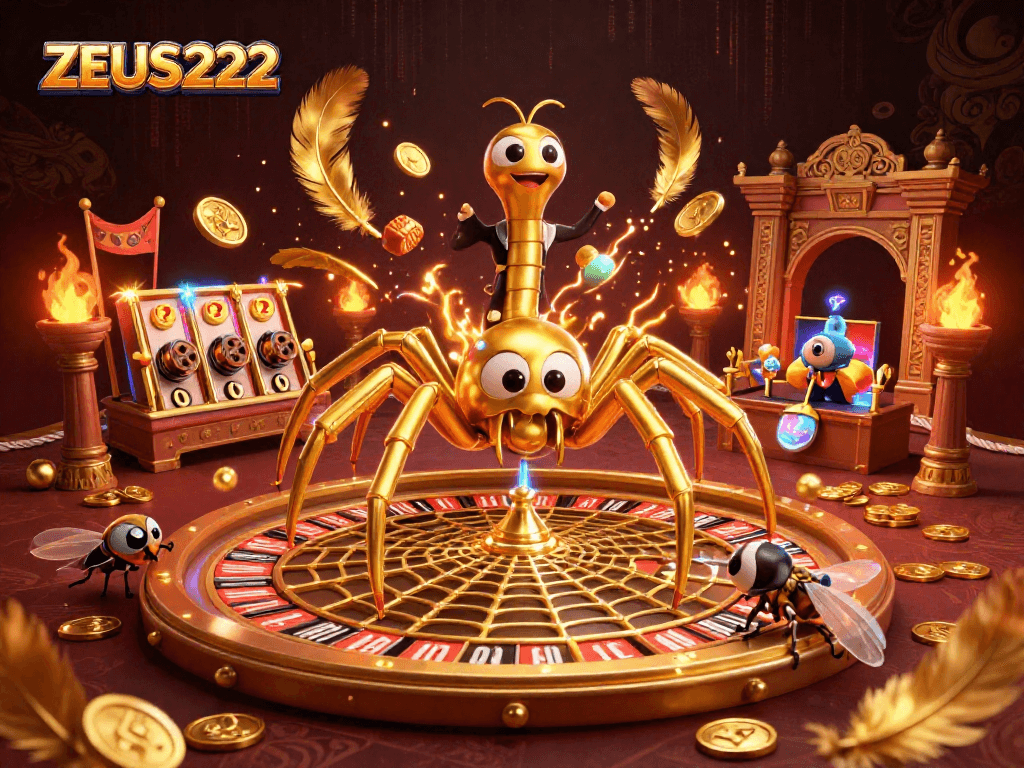 Engage with ZEUS222's unique slot strategies amidst a dynamic roulette wheel scene.