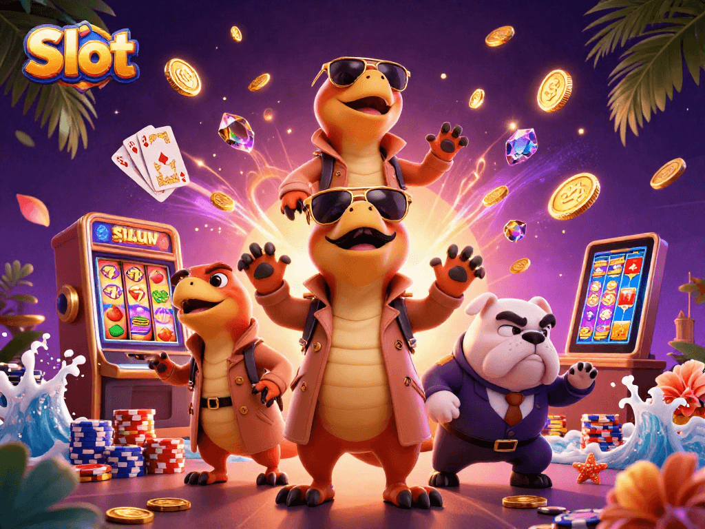 Slot machine scene with raptors in a trench coat entering VIP lounge.