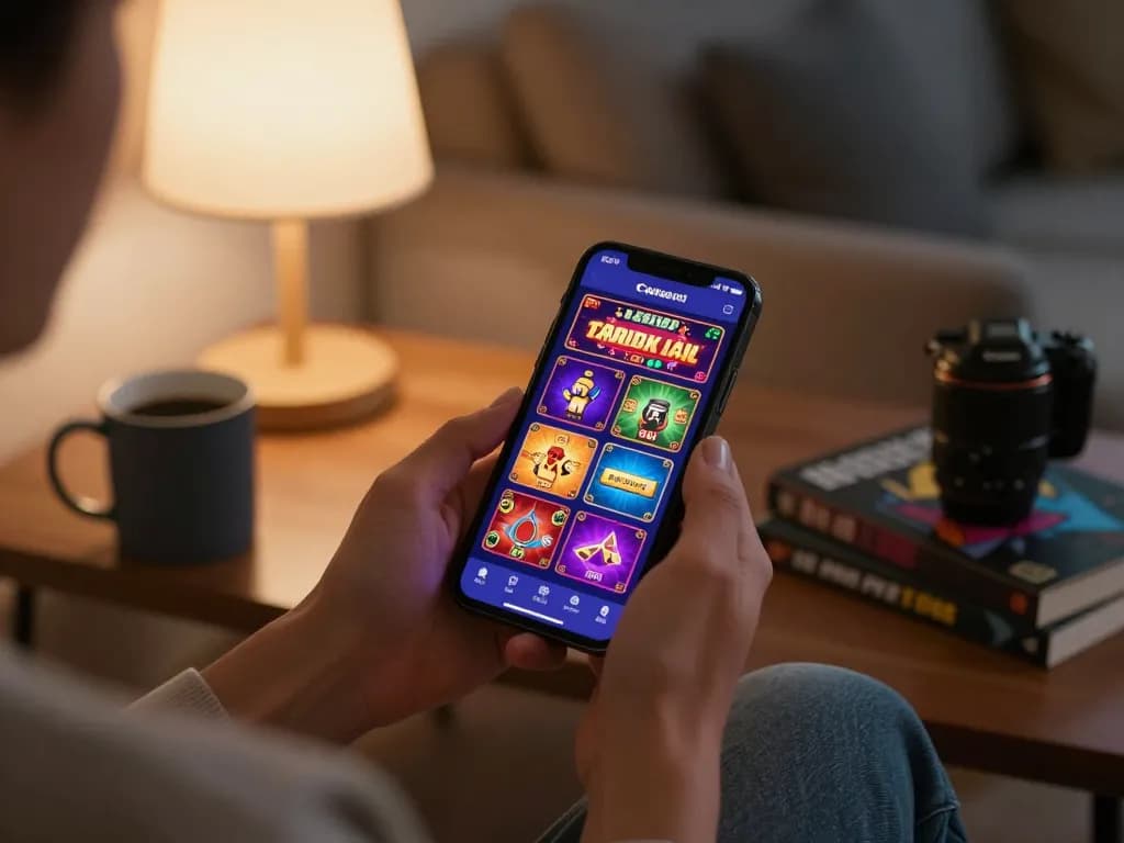 Engaged user playing 888top casino app on smartphone in cozy home setting, reflecting modern gambling