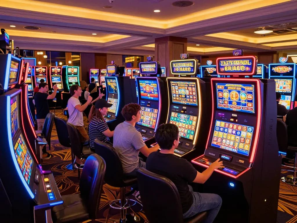 Engaging in a thrilling slot bet 100 session at a vibrant casino with colorful machines.