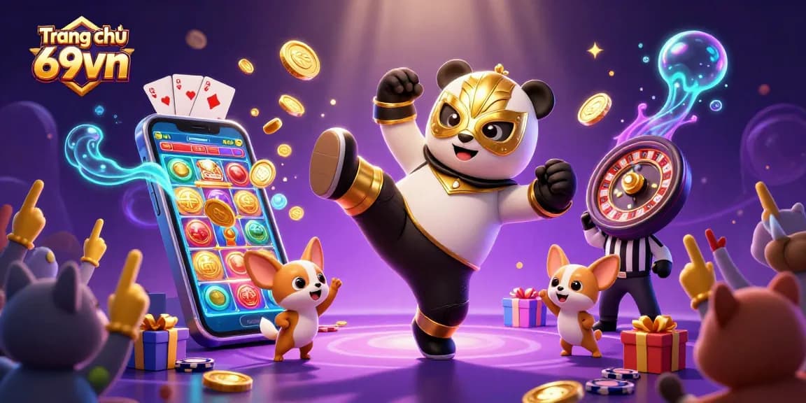 Engage with Trang chủ 69vn as the panda fighter and chihuahua referee celebrate winning at casino games.