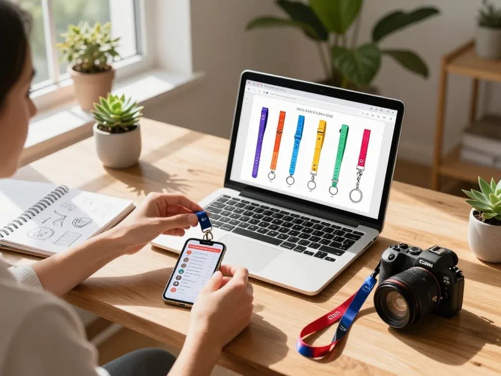 Custom lanyard keychain design selection in a bright home office.