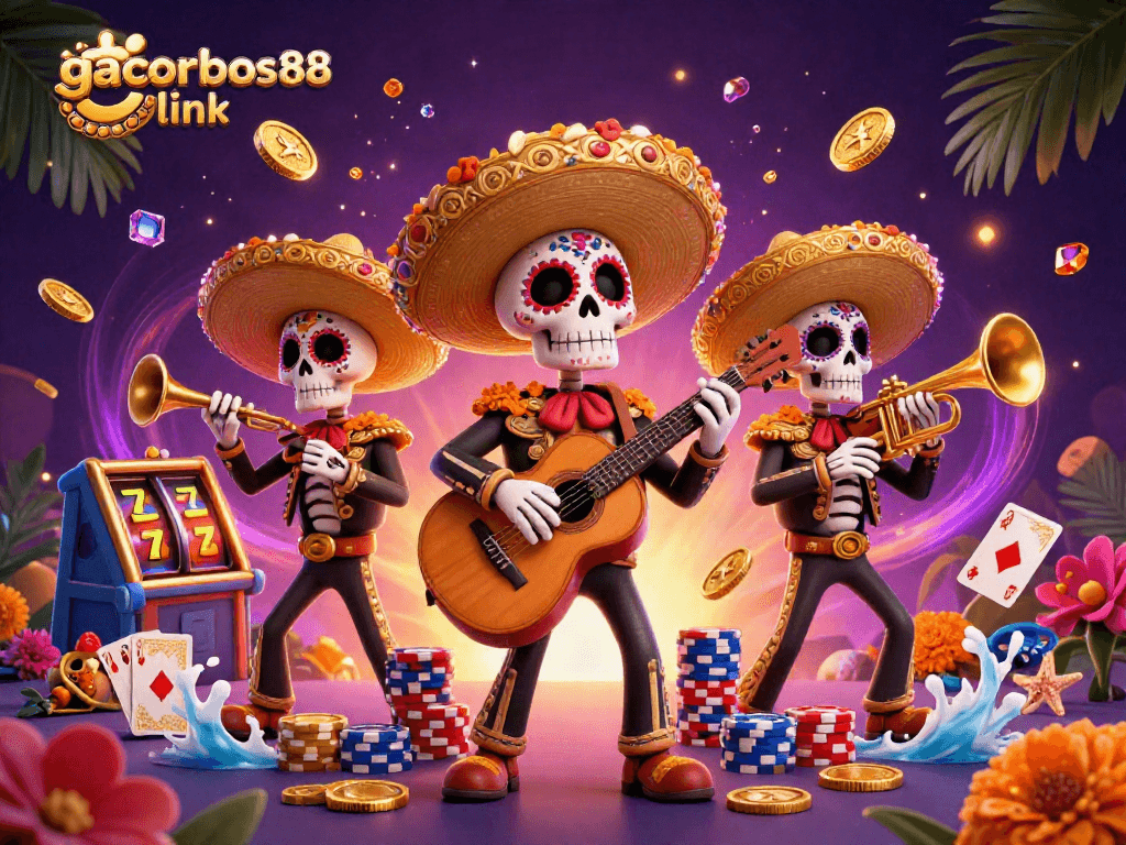 Experience excitement with gacorbos88 link through this vibrant 3D illustration of a mariachi band amidst gold coins and slot reels.
