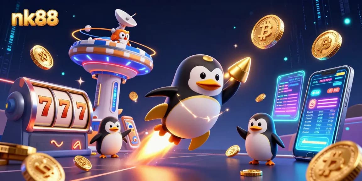 Experience the excitement of nk88 with a vibrant casino-themed illustration showcasing a penguin and futuristic elements.