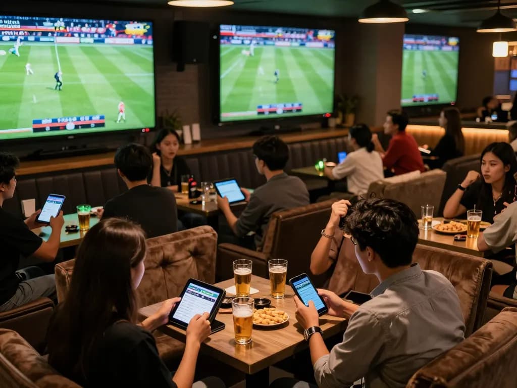 T placing bets on tỷ lệ kèo nhà cái hôm nay in a lively sports bar during live matches.