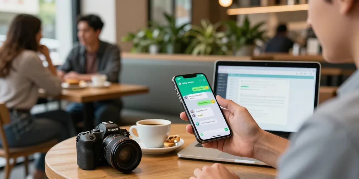 Engaging with WhatsApp下載 in a lively café environment, showcasing vibrant chat interface and urban connectivity.