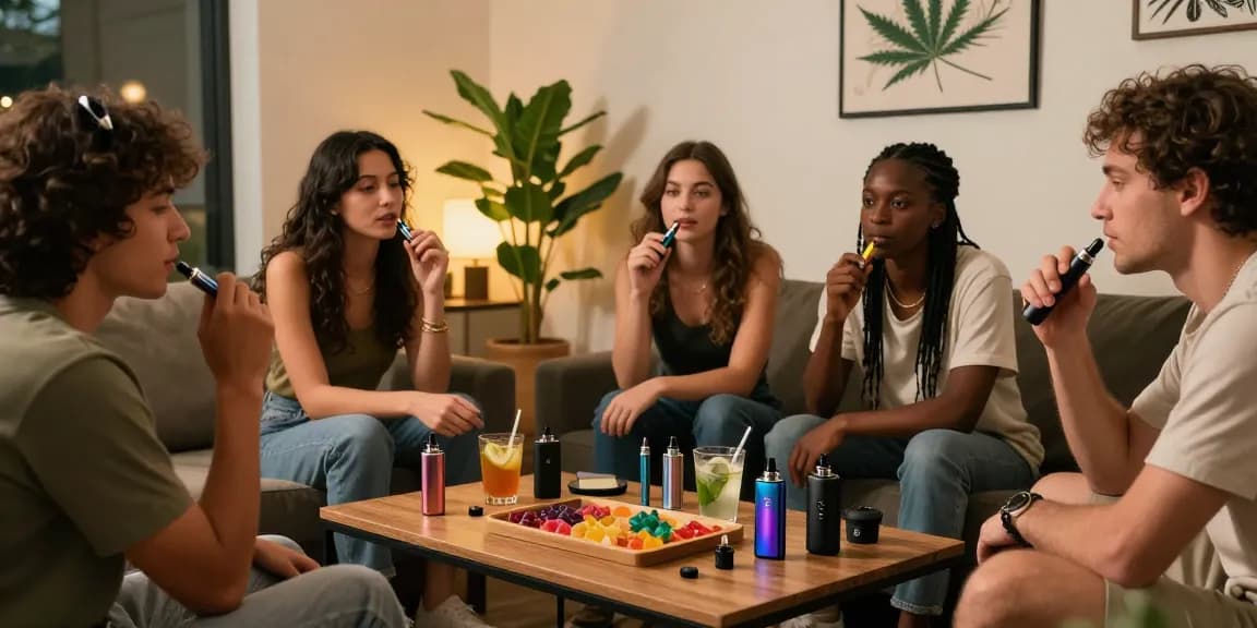 Friends enjoying thc vape experience in a stylish cannabis lounge, showcasing various vape pens and accessories.