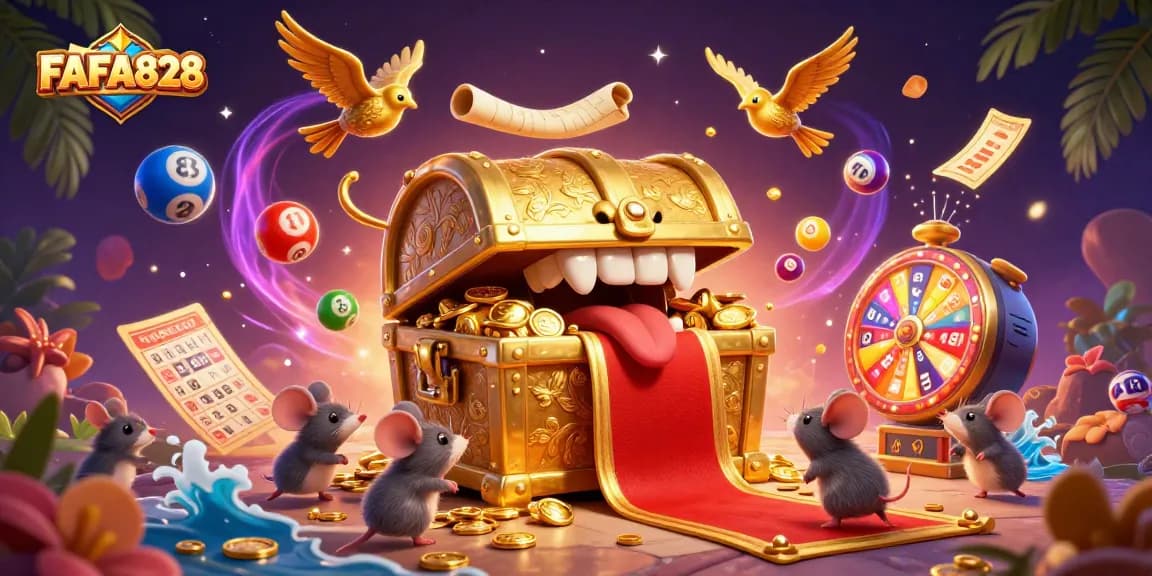Engage in exciting gameplay at FAFA828 with a vibrant scene of rich rewards and dynamic lottery elements.