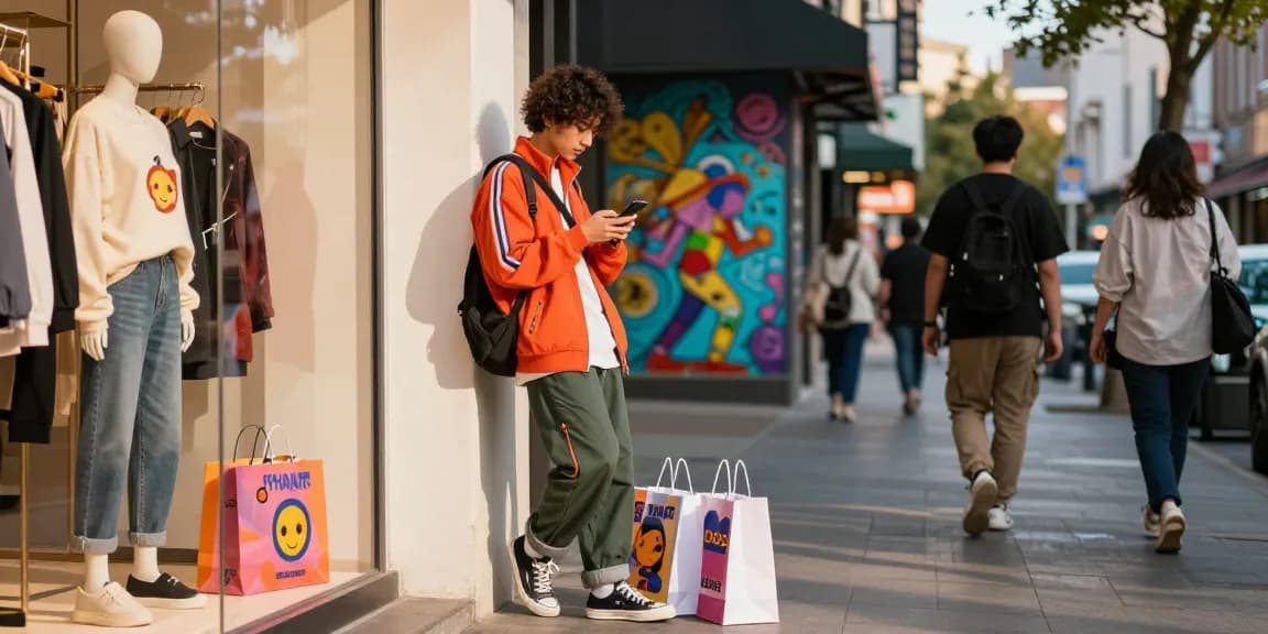 Person browsing trendy fashion items at shs-dome5.com, urban shopping scene with vibrant streetwear.