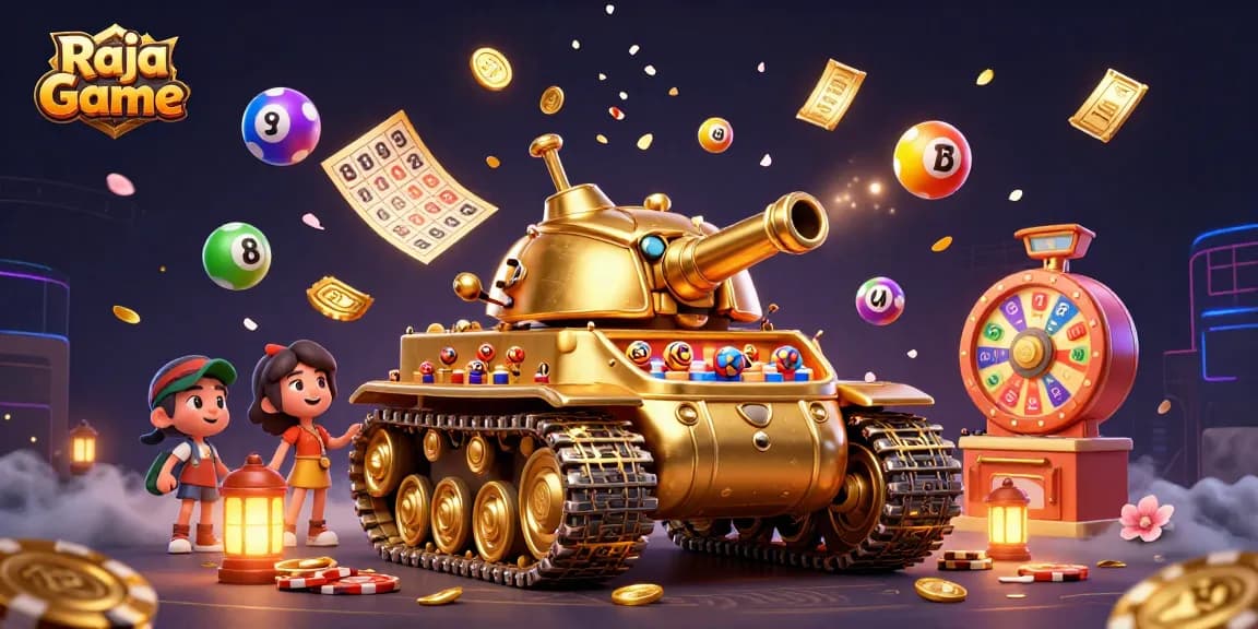 Engage in the exciting world of Raja Game with dynamic lottery and casino elements surrounding a golden tank.
