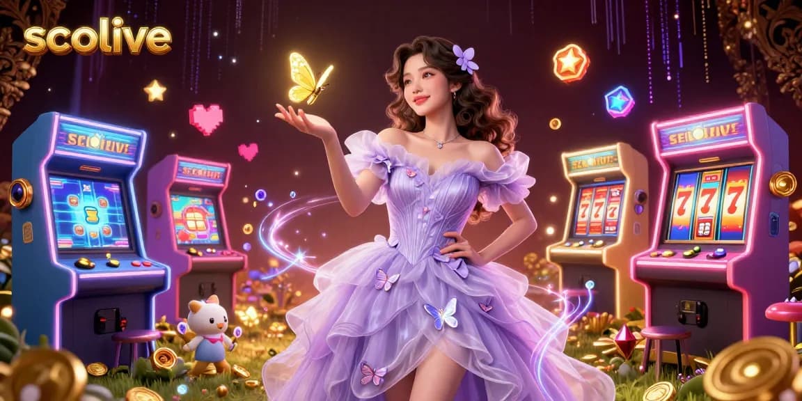 Socolive showcases a vibrant 3D illustration with slot elements and a stunning Asian woman in an enchanting scene.
