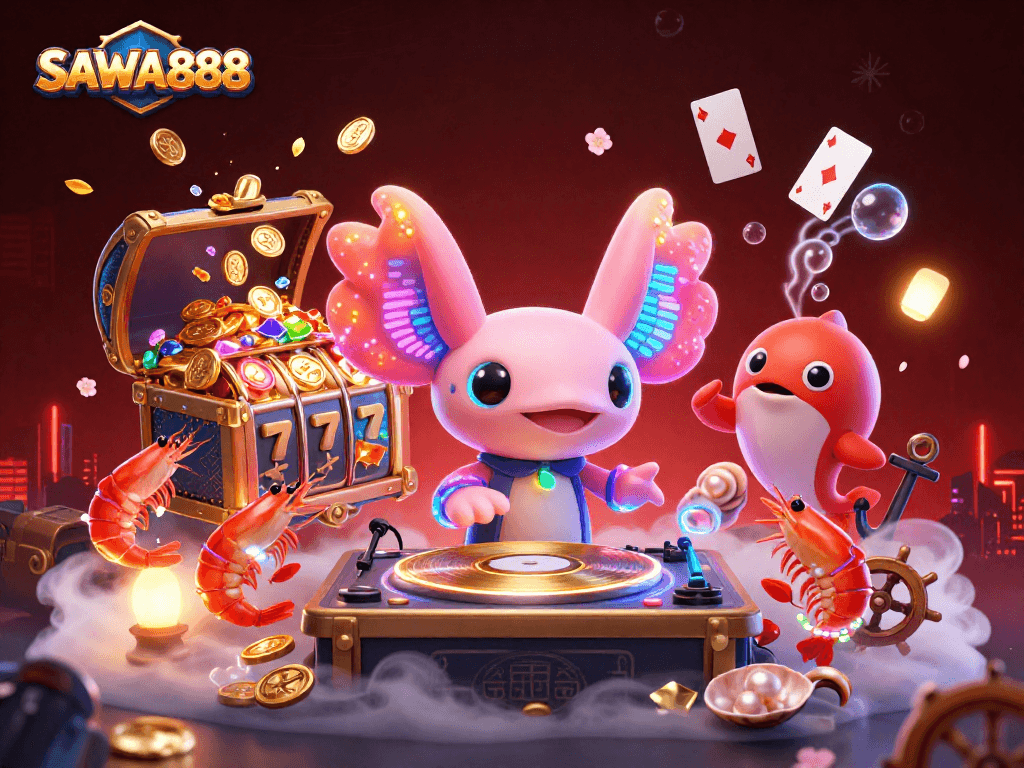 Join the fun with SAWA888's vibrant casino adventure featuring an axolotl DJ, shrimp dancers, and slot reels!