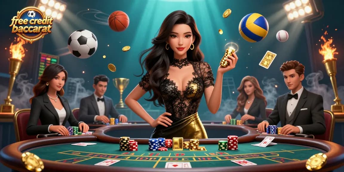 Experience the thrill of free credit baccarat with high-value chips at a VIP table in an exclusive casino scene.