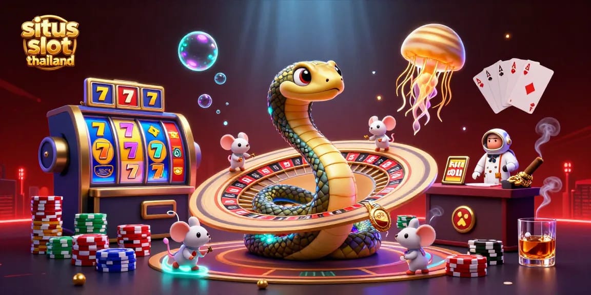 An interactive illustration of situs slot thailand, showcasing slot reels and betting mice in a dynamic casino scene.