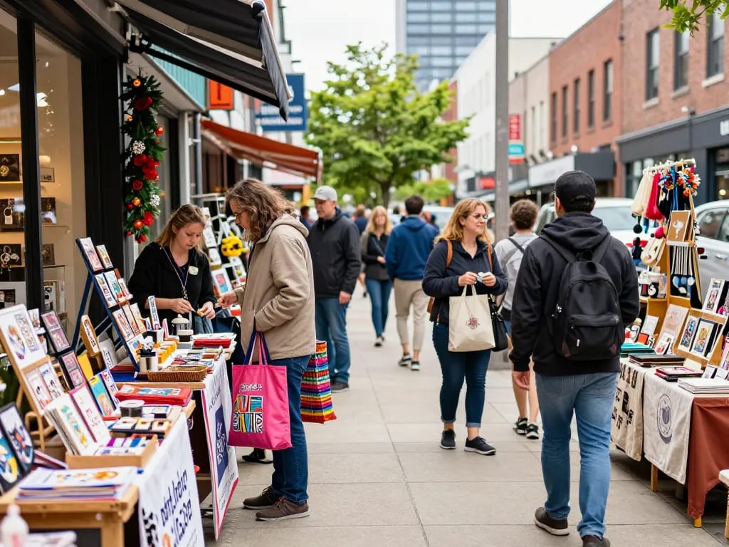 Engaging local shopping scene showcasing community commerce at https://forumup.org/shop/search.php?ca_id=&addr1=&addr2=&addr3=&schKeyword= with customers browsing unique local products.