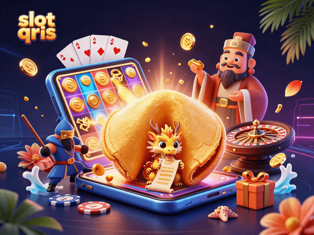 Spin the reels in the vibrant slot qris scene with a golden fortune cookie and dragon guardian.